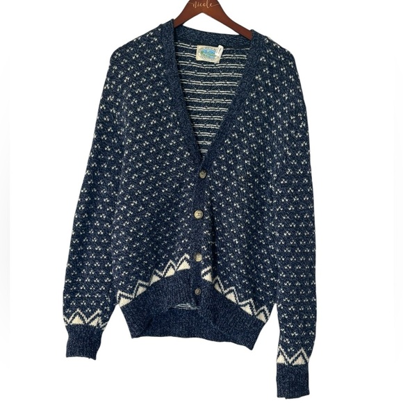 Vintage Unisex Wool Grandpa Blue Patterned Cardigan - Size X-Large - Picture 1 of 4